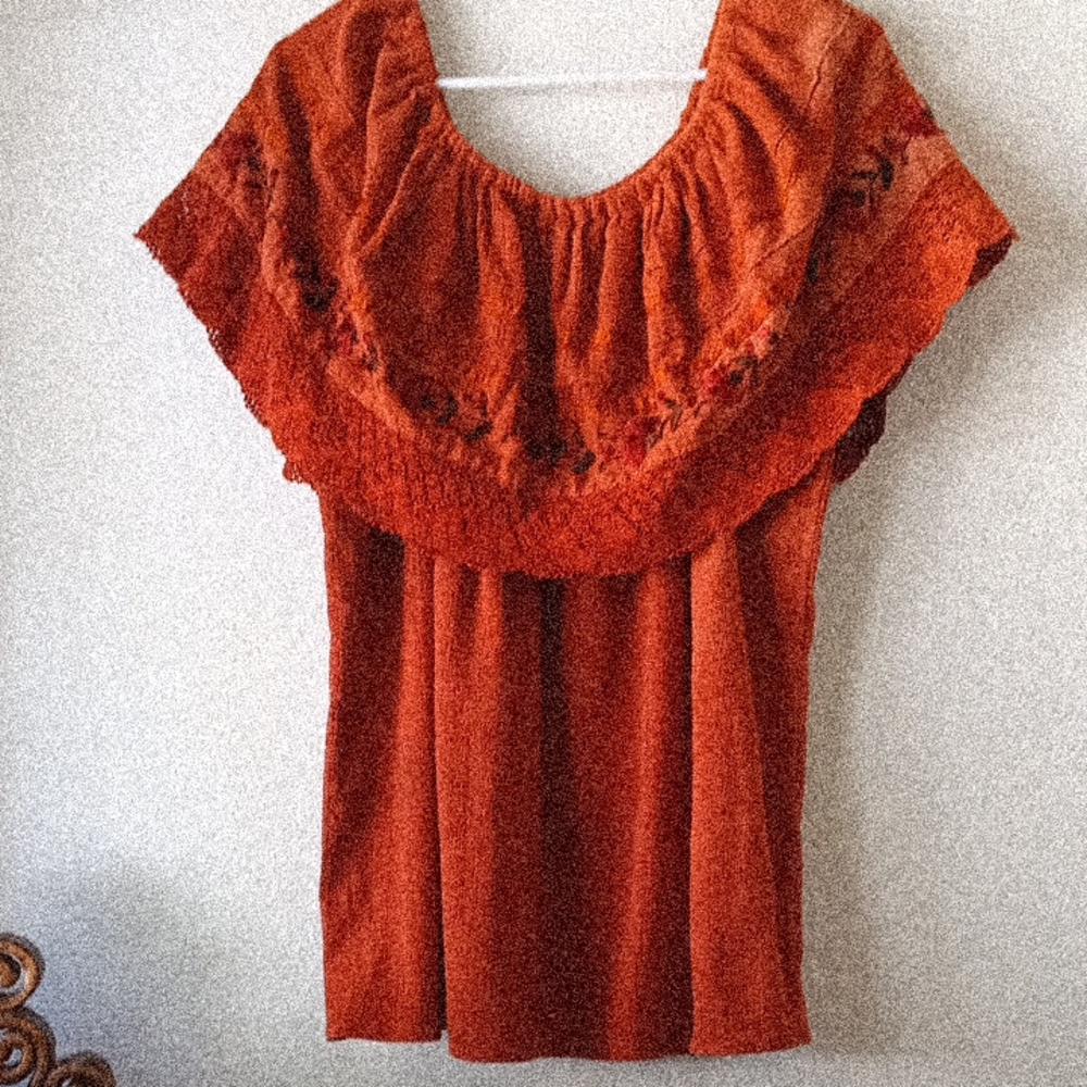 Embroidery On Or Off Shoulder Rust Orange Women's Top